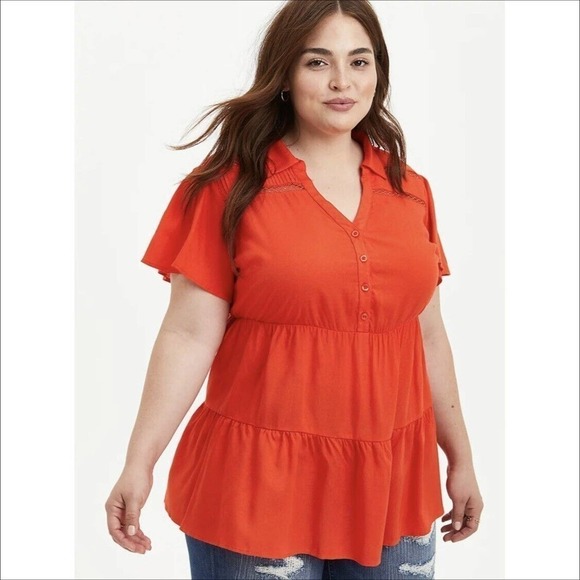 Torrid Plus 1X Sheer Orange Jacquard Babydoll Blouse Shirt Top Tiered Crochet - Picture 1 of 9